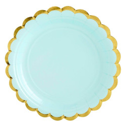 6 assiettes bleu menthe avec contour or 18 cm