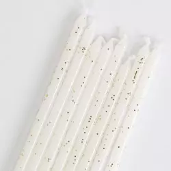 16 grandes bougies blanches à paillettes or 18 cm