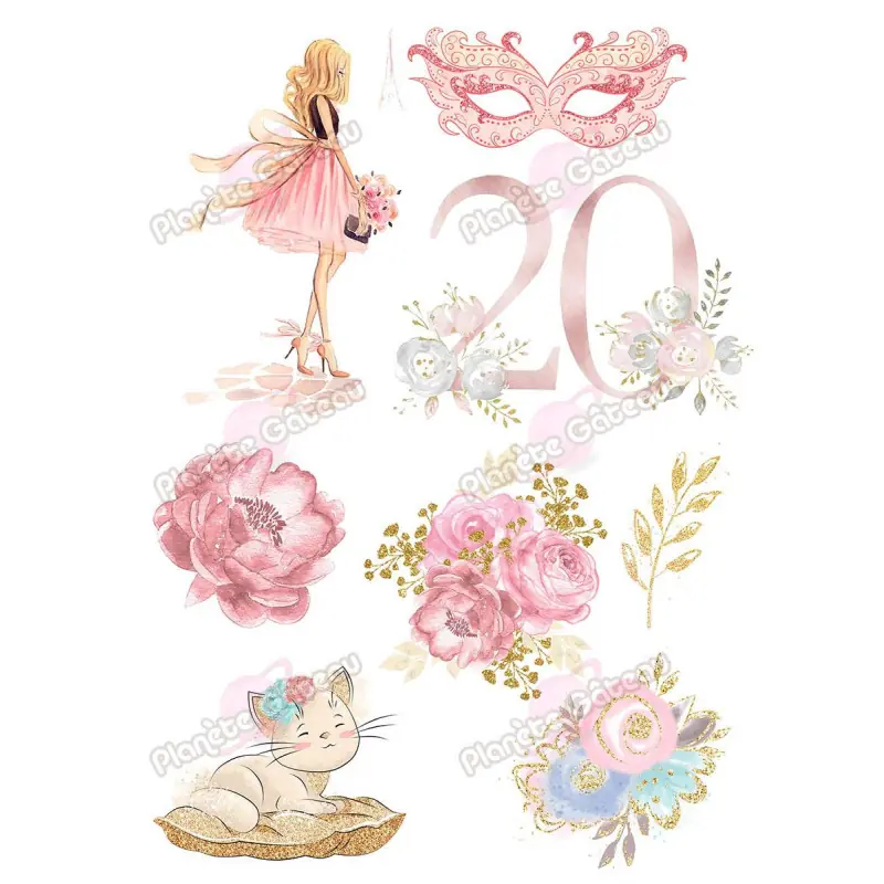 Kit décoration alimentaire Fille champêtre age personnalisé Feuille azyme A4