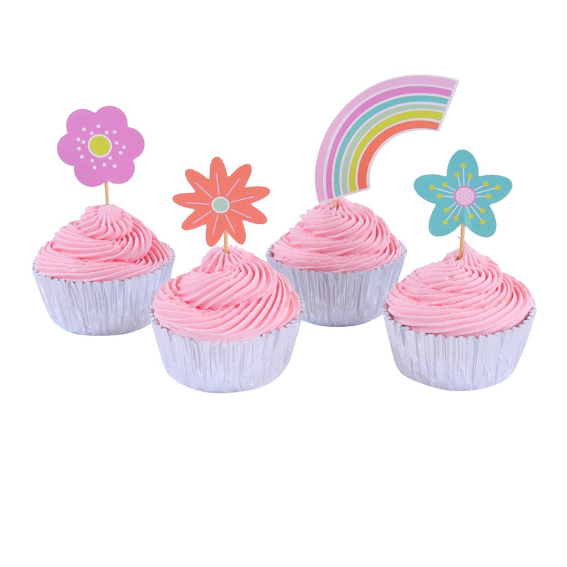 Caissettes à cupcakes avec toppers fleurs et arc en ciel  x24