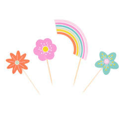 Caissettes à cupcakes avec toppers fleurs et arc en ciel  x24