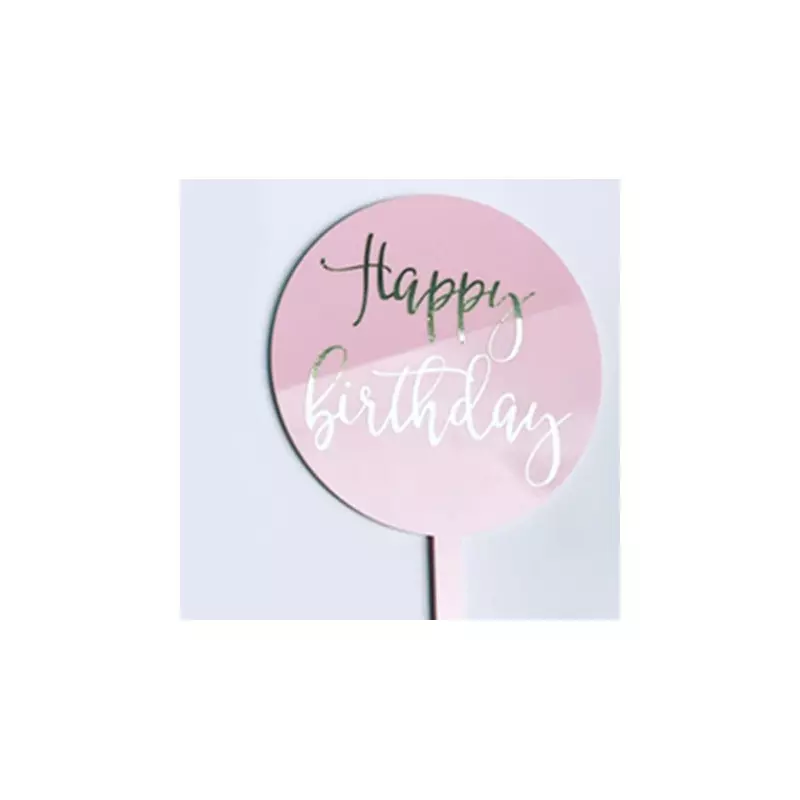 Cake topper rond rose Happy Birthday argent