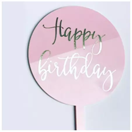 Cake topper round pink Happy Birthday silver