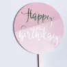 Cake topper round pink Happy Birthday silver