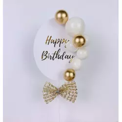 Cake topper Happy birthday balloons and white gold bow
