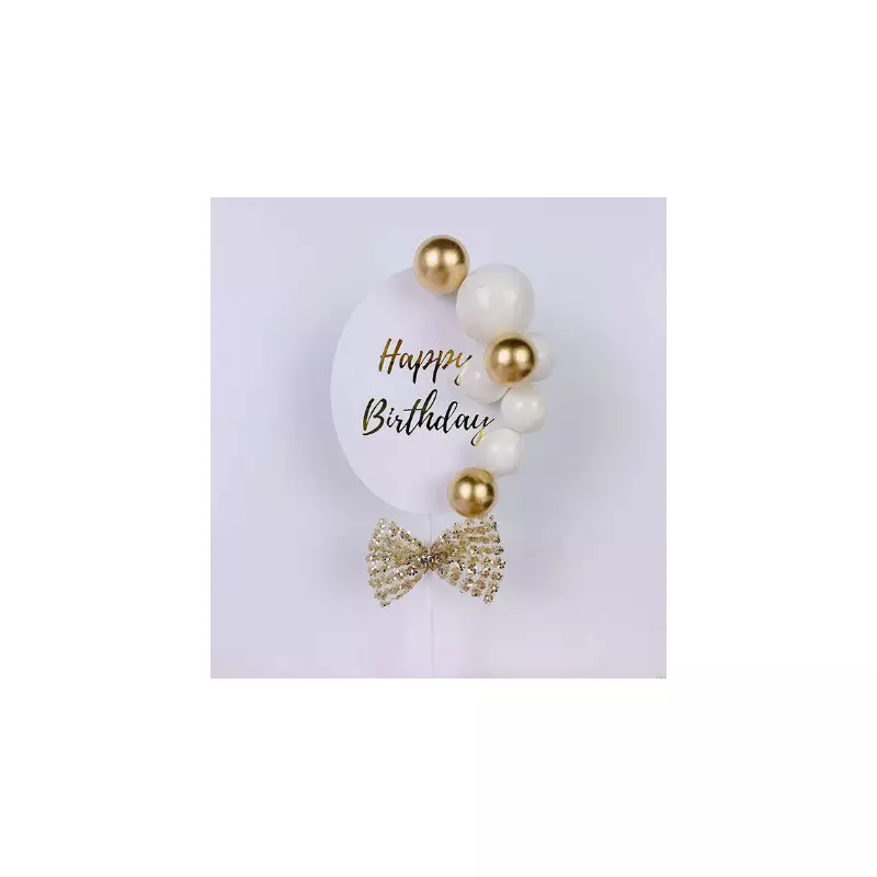Cake topper Happy birthday balloons and white gold bow