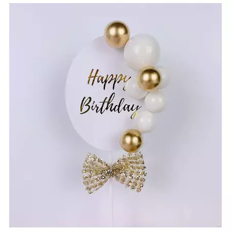 Cake topper Happy birthday ballons et nœud blanc or