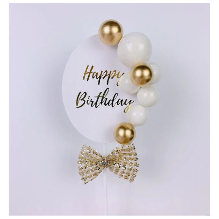Pastel topper Globos de feliz cumpleaños y lazo de oro blanco