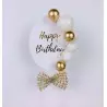 Cake topper Happy birthday ballons et nœud blanc or