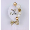 Pastel topper Globos de feliz cumpleaños y lazo de oro blanco