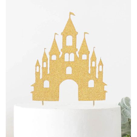 Topper tarta de castillo de princesa con purpurina dorada