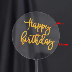 Cake topper round transparent Happy Birthday golden