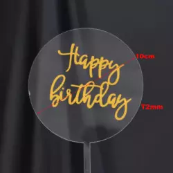 Pastel topper redondo transparente Happy Birthday dorado