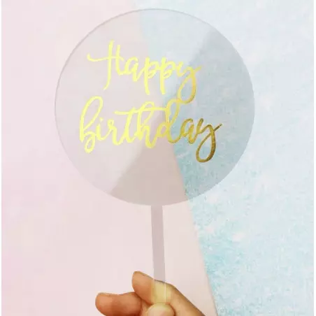Cake topper rond transparent Happy Birthday or
