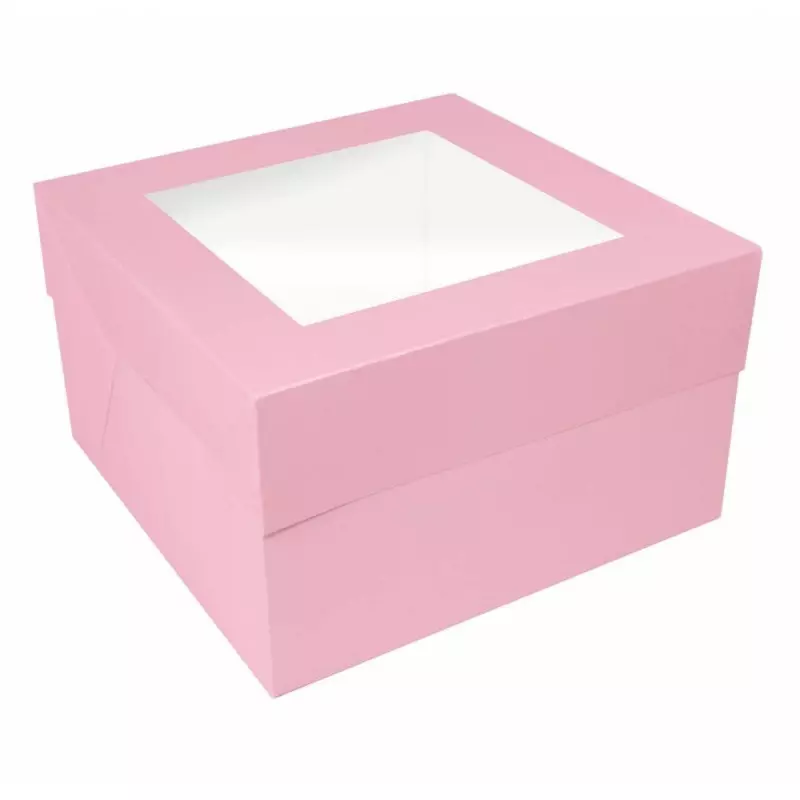 Caja para tartas rosa con ventana de 15 cm de altura - Planète Gateau