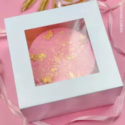 Caja para tartas rosa con ventana de 15 cm de altura - Planète Gateau