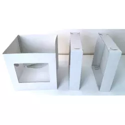 Square rigid white cake tin with window