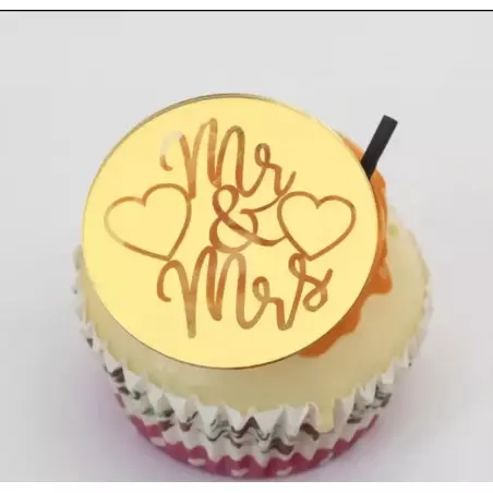 10 Mini discos acrílicos dorados MR & MRS Cupcake de boda