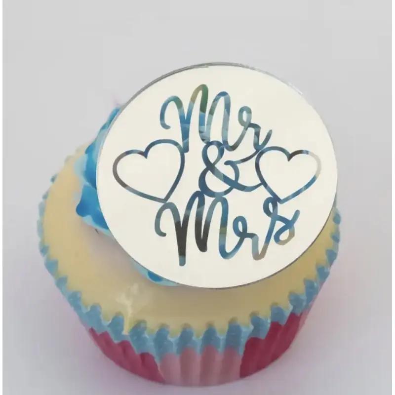 10 Mini disques acrylique argent MR & MRS mariage cupcake