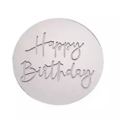10 Minidiscos acrílicos plateados HAPPY BIRTHDAY cupcake