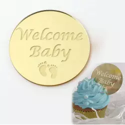 10 WELCOME BABY gold acrylic mini discs for cupcakes