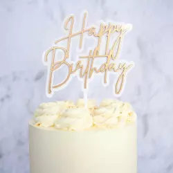 Cake topper Happy birthday blanc et or