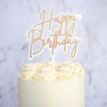Cake topper Happy birthday blanc et or - Planète Gateau