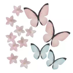 Mini fleurs rose et papillons rose et bleu en azyme