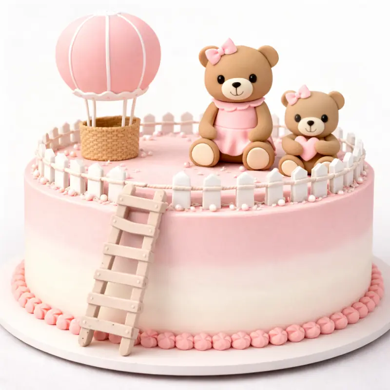 Kit Deco Cake Pink Teddy Bear, Hot Air Balloon and Ladder - Planète Gateau
